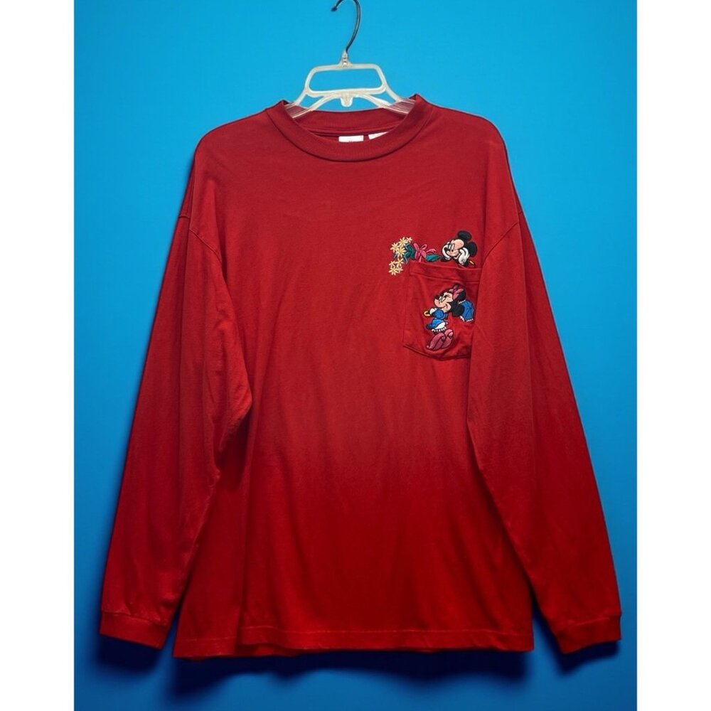 VTG Disney Mickey Minnie Embroidered Red Tshirt Womens Sz L  Pocket Long Sleeve